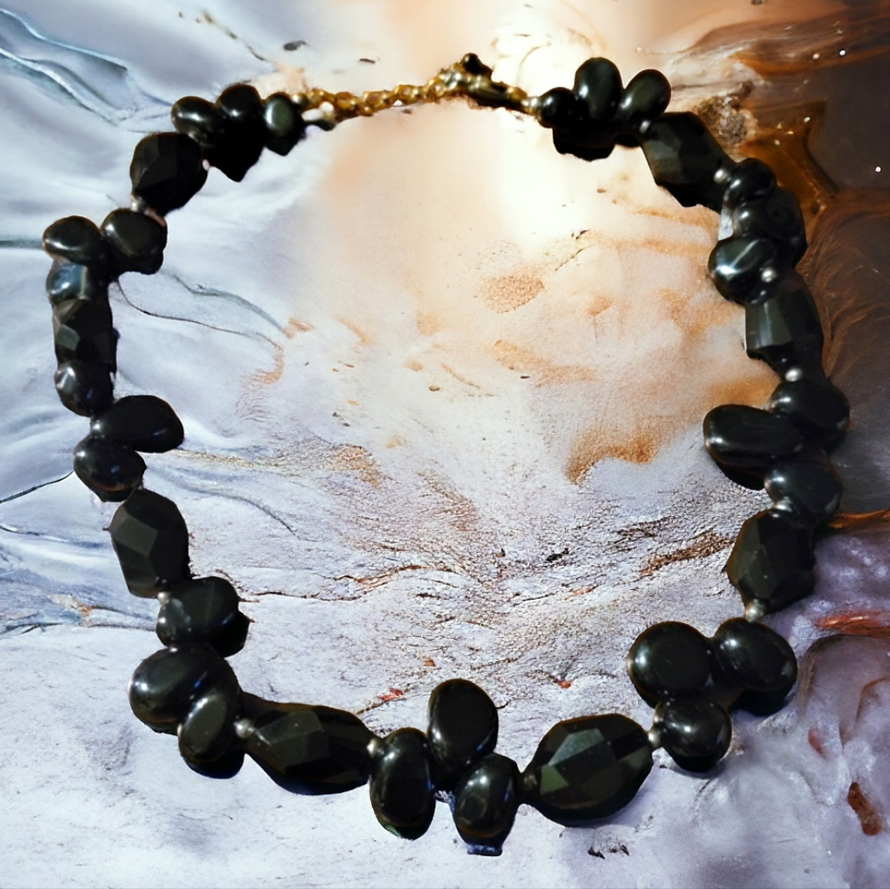 HP 😃 Handcrafted Black Onyx & Bead Chunky Necklace Silver Chain Clasp
